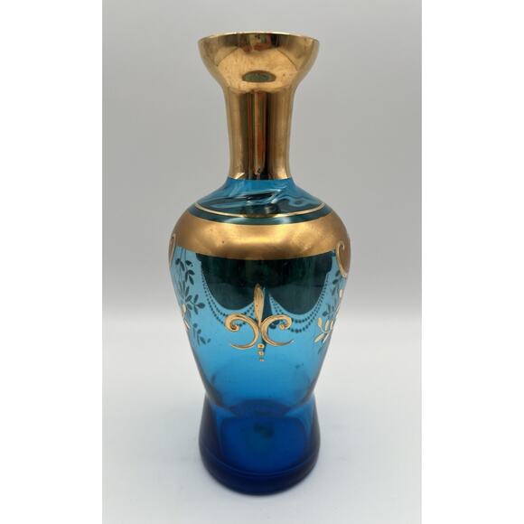 Vintage Venetian Murano Glass Enamel Flower Gold Gilt Blue Decanter NO STOPPER - Picture 6 of 10